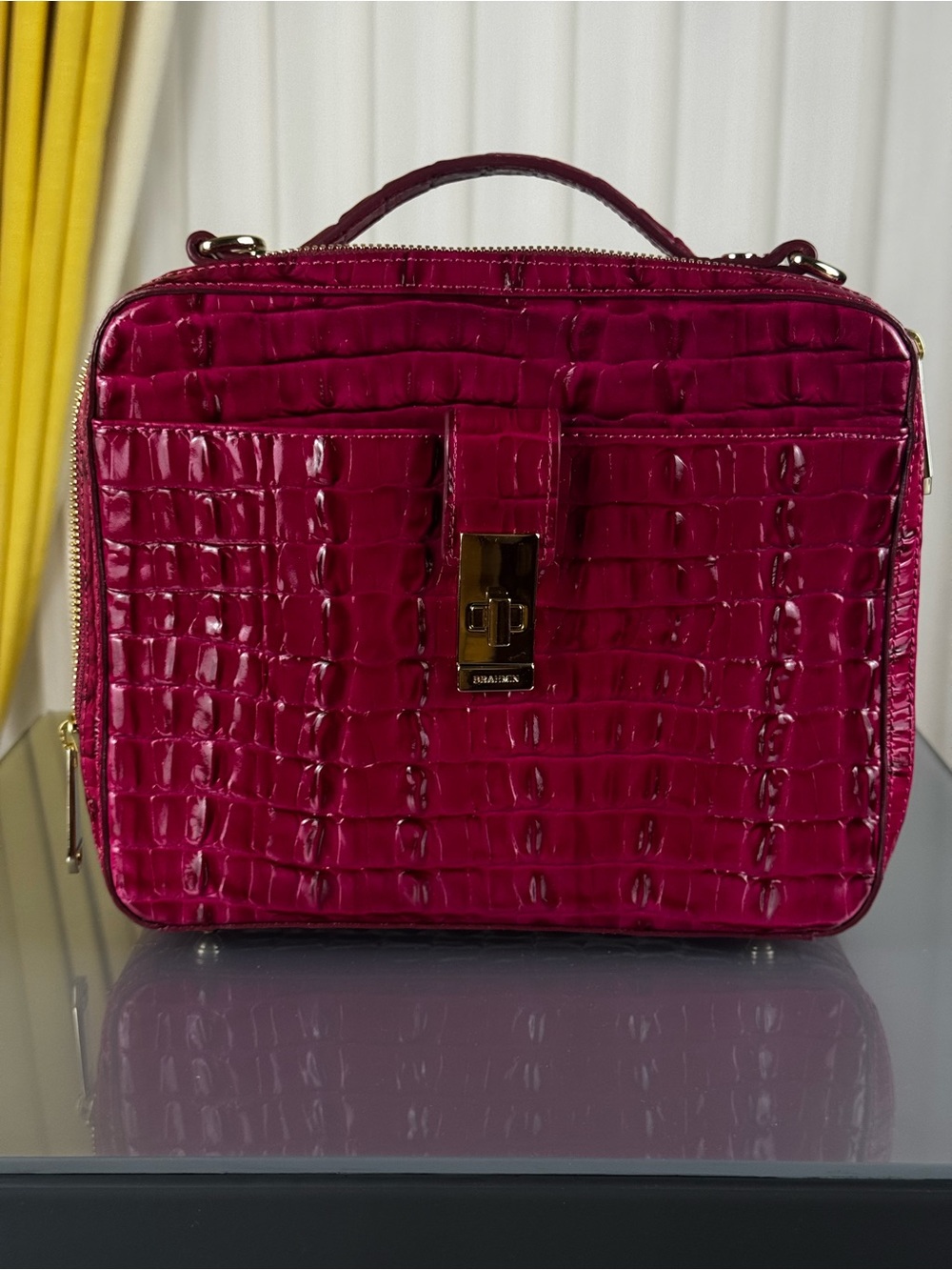 Brahmin Fuchsia Croc-Embossed Cosmetic Case with Gold Hardware